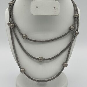 60" Silver Tone Mesh Necklace With Textured Bead Accents